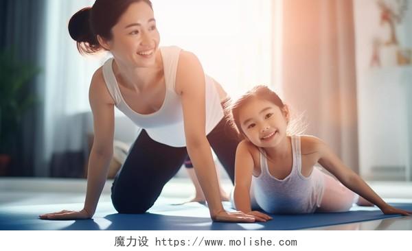 亲子健身运动宝宝儿童和妈妈瑜伽居家运动拉伸锻炼温馨幸福场景